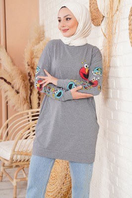 Kolları Baskılı Gri Tunik - Uzun Tunik