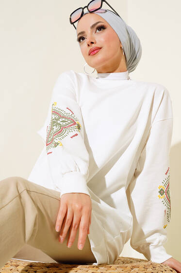 Kolları Baskılı Tunik Ekru - Tunik