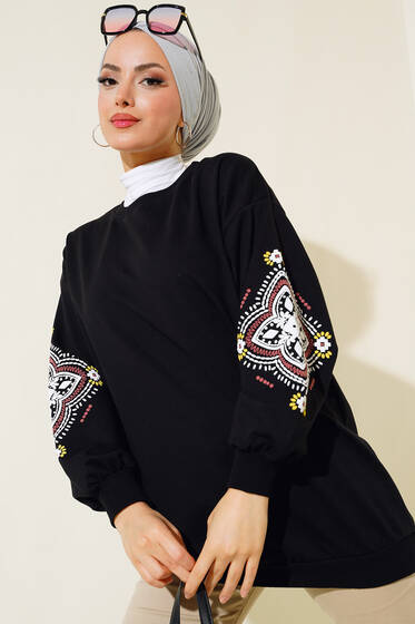 Kolları Baskılı Tunik Siyah - Tunik