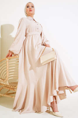 Kolları Boncuk Detaylı Kuşaklı Elbise Bej - SAS