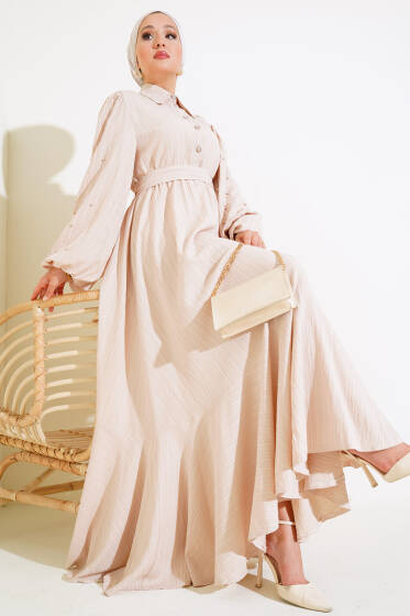 Kolları Boncuk Detaylı Kuşaklı Elbise Bej - Elbise