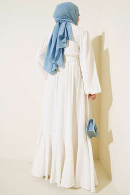 Kolları Boncuk Detaylı Kuşaklı Elbise Ekru - Elbise