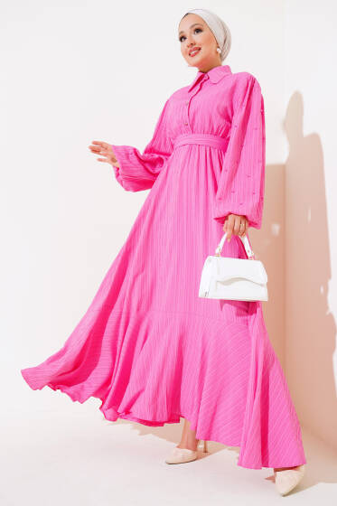 Kolları Boncuk Detaylı Kuşaklı Elbise Fuşya - Elbise