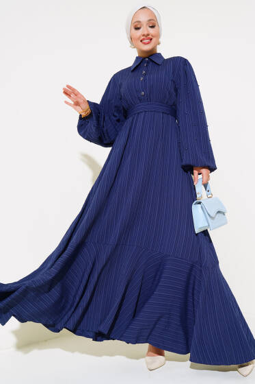 Kolları Boncuk Detaylı Kuşaklı Elbise Lacivert - Elbise