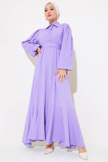 Kolları Boncuk Detaylı Kuşaklı Elbise Lila - Elbise
