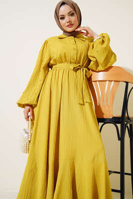 Kolları Boncuk Detaylı Kuşaklı Elbise Neon Yeşil - Elbise