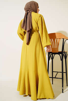 Kolları Boncuk Detaylı Kuşaklı Elbise Neon Yeşil - Elbise