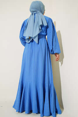 Kolları Boncuk Detaylı Kuşaklı Elbise Saks - Elbise