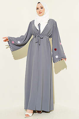 Kolları Çiçek Nakışlı Abaya Gri - EFSUN MODA