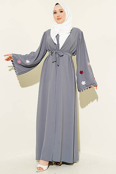 Kolları Çiçek Nakışlı Abaya Gri - Elbise