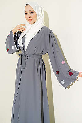 Kolları Çiçek Nakışlı Abaya Gri - Elbise