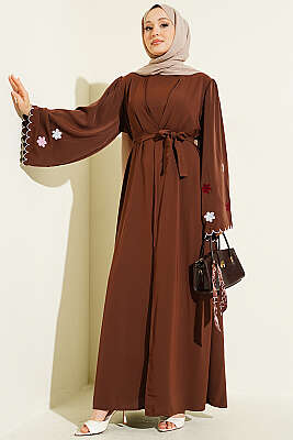 Kolları Çiçek Nakışlı Abaya Kahve - EFSUN MODA