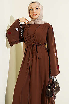 Kolları Çiçek Nakışlı Abaya Kahve - Elbise