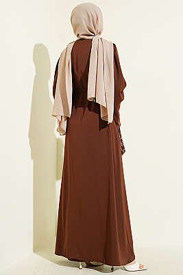 Kolları Çiçek Nakışlı Abaya Kahve - Elbise