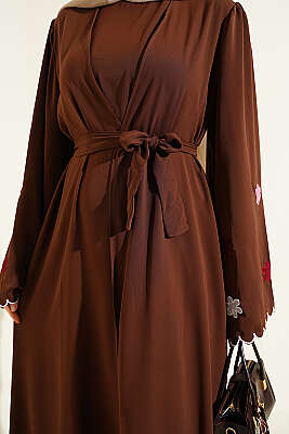 Kolları Çiçek Nakışlı Abaya Kahve - Elbise