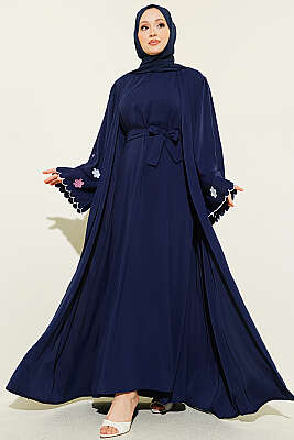 Kolları Çiçek Nakışlı Abaya Lacivert - EFSUN MODA