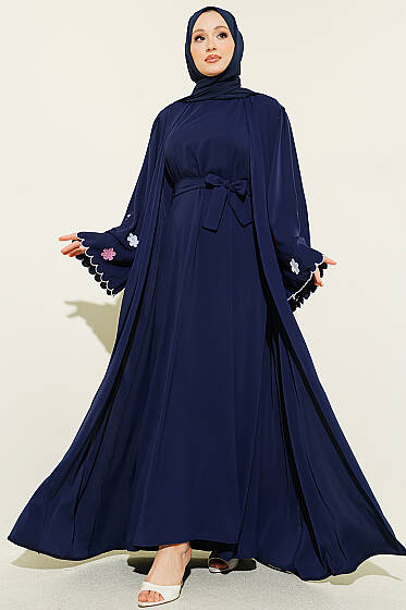 Kolları Çiçek Nakışlı Abaya Lacivert - Elbise