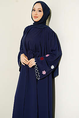Kolları Çiçek Nakışlı Abaya Lacivert - Elbise