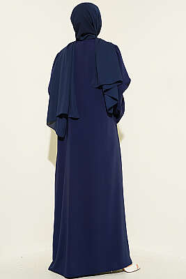 Kolları Çiçek Nakışlı Abaya Lacivert - Elbise