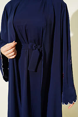 Kolları Çiçek Nakışlı Abaya Lacivert - Elbise