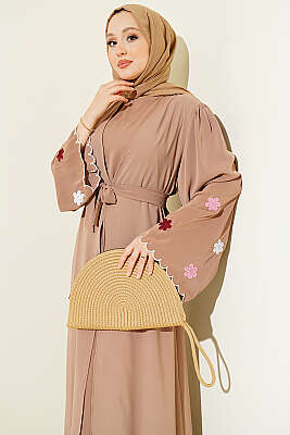 Kolları Çiçek Nakışlı Abaya Latte - Elbise