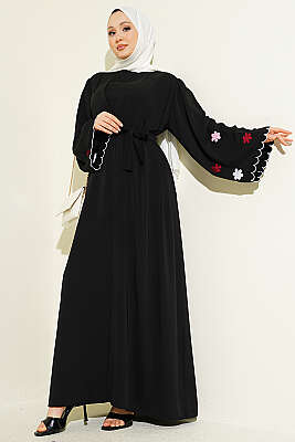 Kolları Çiçek Nakışlı Abaya Siyah - EFSUN MODA