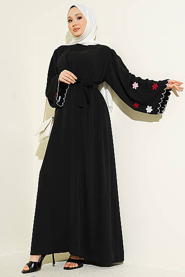 Kolları Çiçek Nakışlı Abaya Siyah - Elbise