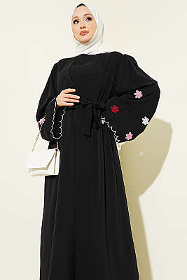 Kolları Çiçek Nakışlı Abaya Siyah - Elbise