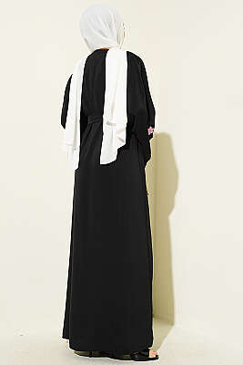 Kolları Çiçek Nakışlı Abaya Siyah - Elbise