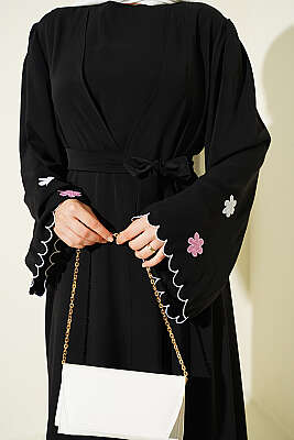 Kolları Çiçek Nakışlı Abaya Siyah - Elbise