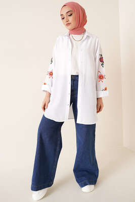 Kolları Çiçek Nakışlı Gömlek Beyaz - Gömlek