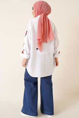 Kolları Çiçek Nakışlı Gömlek Beyaz - Gömlek