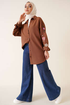 Kolları Çiçek Nakışlı Gömlek Kahve - Gömlek