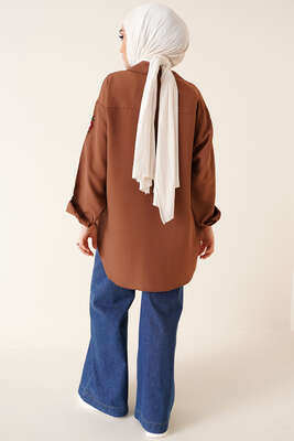 Kolları Çiçek Nakışlı Gömlek Kahve - Gömlek