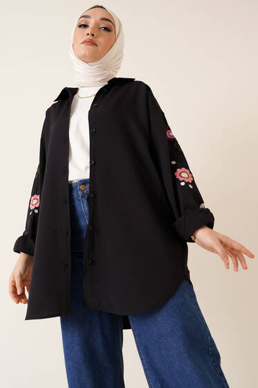 Kolları Çiçek Nakışlı Gömlek Siyah - Gömlek