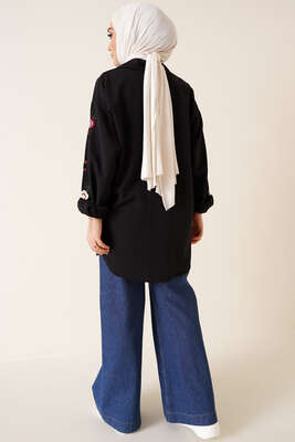 Kolları Çiçek Nakışlı Gömlek Siyah - Gömlek