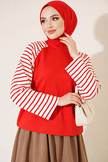 Kolları Çizgili Basic Sweatshirt Kırmızı - Tunik