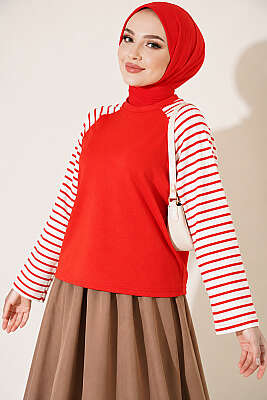 Kolları Çizgili Basic Sweatshirt Kırmızı - Tunik