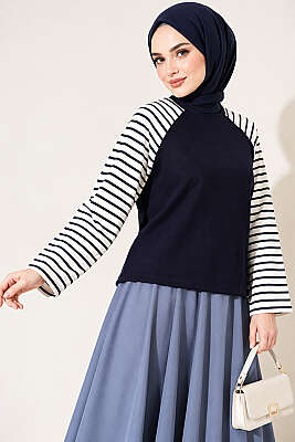 Kolları Çizgili Basic Sweatshirt Lacivert - Tunik