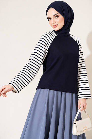Kolları Çizgili Basic Sweatshirt Lacivert - Tunik