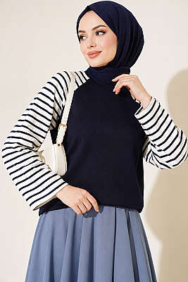 Kolları Çizgili Basic Sweatshirt Lacivert - Tunik