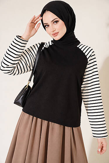 Kolları Çizgili Basic Sweatshirt Siyah - Tunik