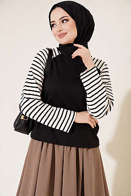 Kolları Çizgili Basic Sweatshirt Siyah - Tunik