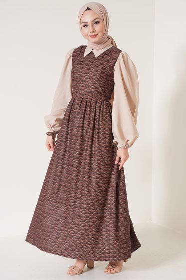 Kolları Coton Beli Büzgülü Kahve Elbise - Tesettür Elbise