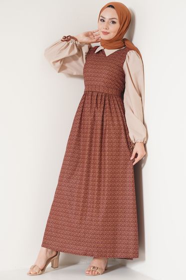Kolları Coton Beli Büzgülü Kiremit Elbise - Tesettür Elbise
