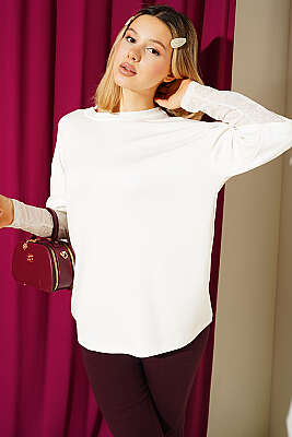 Kolları Dantel Garnili T-shirt Ekru - Kadın Giyim Modelleri