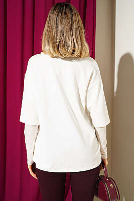 Kolları Dantel Garnili T-shirt Ekru - Kadın Giyim Modelleri