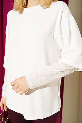 Kolları Dantel Garnili T-shirt Ekru - Kadın Giyim Modelleri