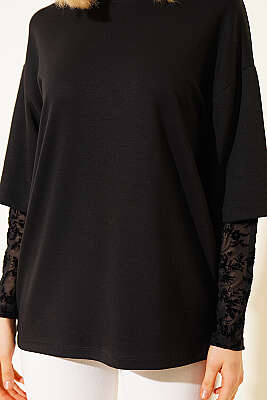 Kolları Dantel Garnili T-shirt Siyah - Kadın Giyim Modelleri