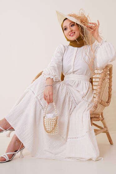 Kolları Dantel İşlemeli Keten Elbise Ekru - Tesettür Elbise